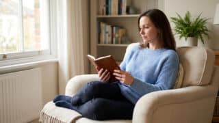 Une femme assise confortablement dans un fauteuil lisant un livre près d'une fenêtre.