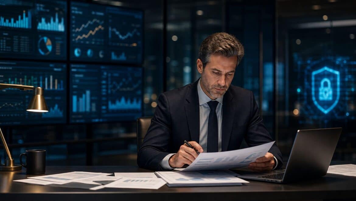 Homme d'affaires analysant rapports financiers et cybersécurité