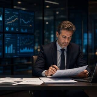 Homme d'affaires analysant rapports financiers et cybersécurité