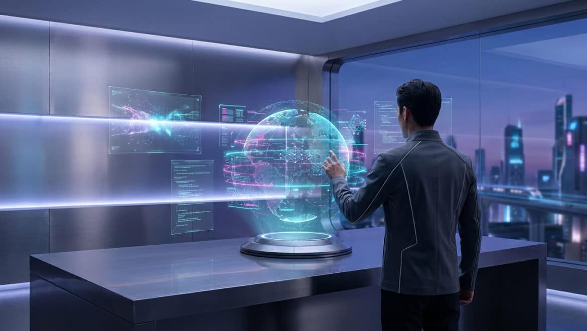 Un homme interagit avec un hologramme terrestre numérique dans un bureau futuriste.