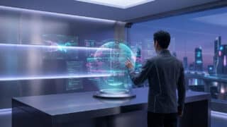 Un homme interagit avec un hologramme terrestre numérique dans un bureau futuriste.