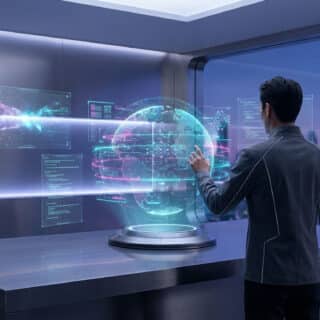 Un homme interagit avec un hologramme terrestre numérique dans un bureau futuriste.