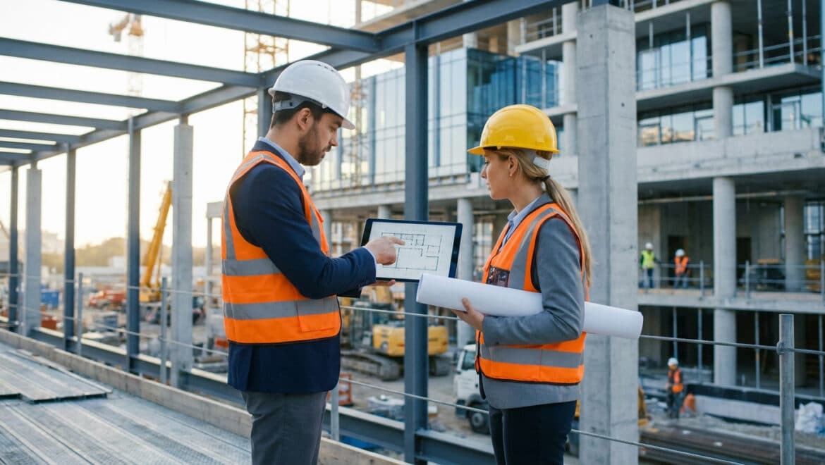 Un architecte et une ingénieure avec casques et gilets de sécurité consultent des plans sur une tablette sur un chantier.