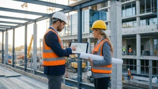 Un architecte et une ingénieure avec casques et gilets de sécurité consultent des plans sur une tablette sur un chantier.