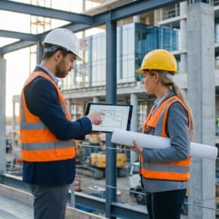Un architecte et une ingénieure avec casques et gilets de sécurité consultent des plans sur une tablette sur un chantier.