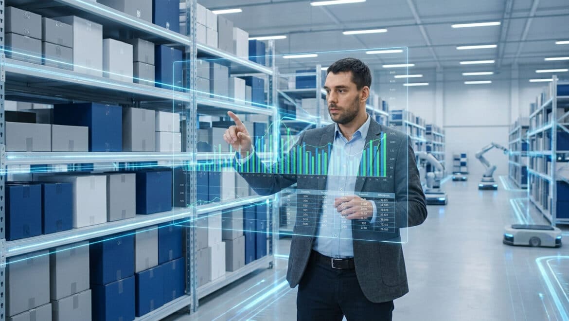 Responsable d'entrepôt analysant des données de stock via une interface holographique futuriste.