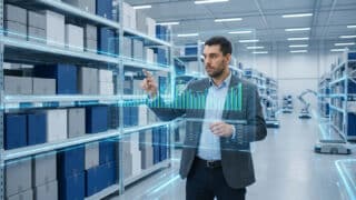 Responsable d'entrepôt analysant des données de stock via une interface holographique futuriste.