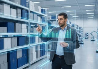Responsable d'entrepôt analysant des données de stock via une interface holographique futuriste.