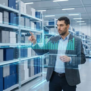 Responsable d'entrepôt analysant des données de stock via une interface holographique futuriste.