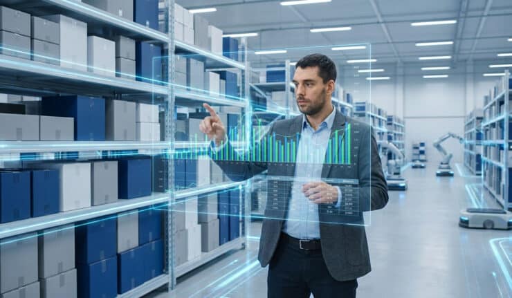 Responsable d'entrepôt analysant des données de stock via une interface holographique futuriste.