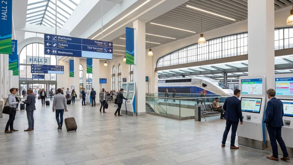 Voyageurs dans le hall lumineux d'une gare moderne avec des panneaux de signalisation et des bornes interactives.