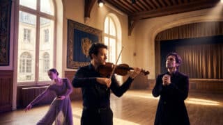 Un violoniste, un chanteur et une danseuse interprètent une œuvre dans une salle de répétition historique du conservatoire.