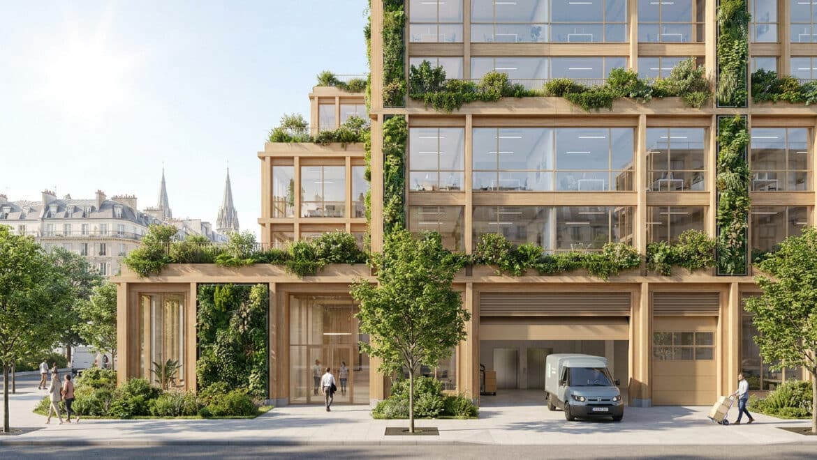 Rendu architectural d'un immeuble en bois moderne à Paris, agrémenté de façades végétalisées et de terrasses arborées.