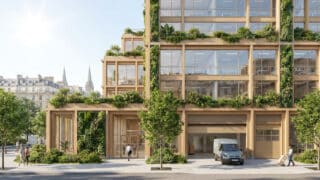 Rendu architectural d'un immeuble en bois moderne à Paris, agrémenté de façades végétalisées et de terrasses arborées.
