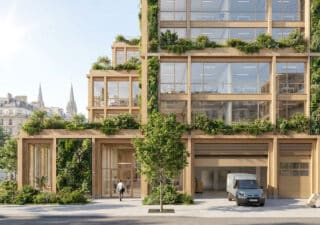 Rendu architectural d'un immeuble en bois moderne à Paris, agrémenté de façades végétalisées et de terrasses arborées.