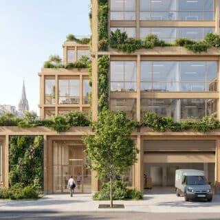 Rendu architectural d'un immeuble en bois moderne à Paris, agrémenté de façades végétalisées et de terrasses arborées.