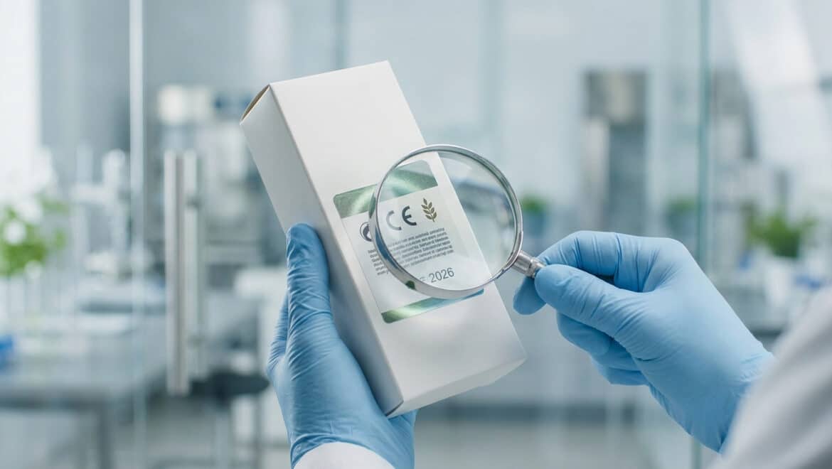 Mains gantées examinant l'étiquette d'un produit avec une loupe.