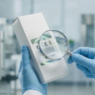 Mains gantées examinant l'étiquette d'un produit avec une loupe.