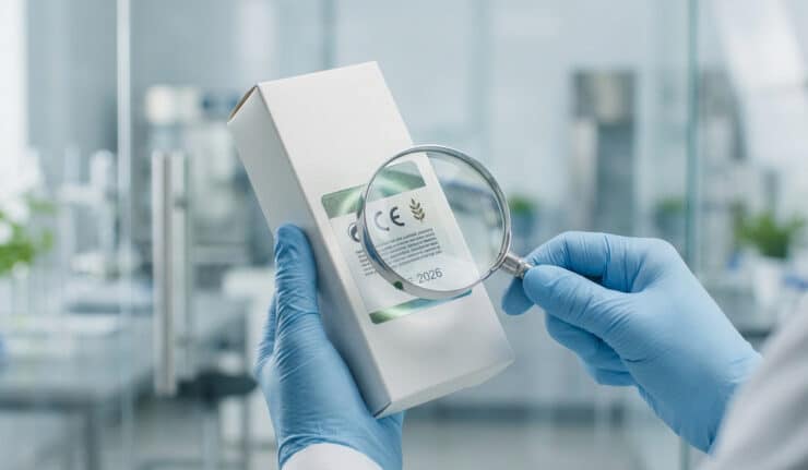 Mains gantées examinant l'étiquette d'un produit avec une loupe.