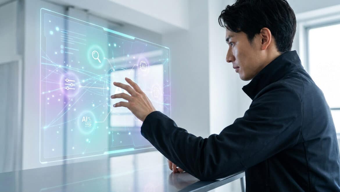 Homme utilisant une interface numérique holographique avec des icônes liées à l'IA pour optimiser ses recherches web.