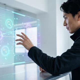Homme utilisant une interface numérique holographique avec des icônes liées à l'IA pour optimiser ses recherches web.