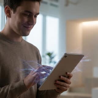 Un jeune homme souriant utilise une tablette tactile avec des effets visuels de données numériques holographiques.