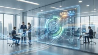 Interface holographique numérique Aprovall affichée sur une paroi vitrée dans un bureau d'entreprise moderne.