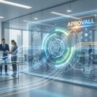 Interface holographique numérique Aprovall affichée sur une paroi vitrée dans un bureau d'entreprise moderne.