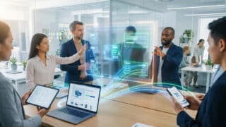 Équipe travaillant en collaboration sur des données produits via une interface numérique holographique dans un bureau moderne.
