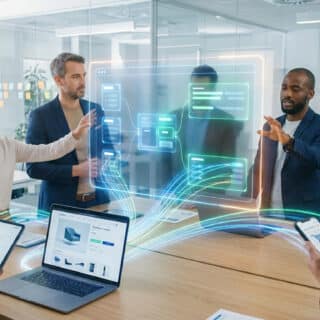 Équipe travaillant en collaboration sur des données produits via une interface numérique holographique dans un bureau moderne.