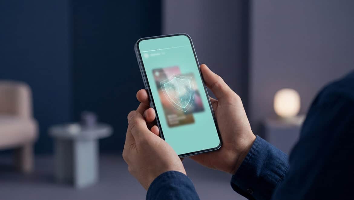 Une personne tient un smartphone affichant un bouclier numérique sur un fond vert, symbolisant la navigation anonyme.