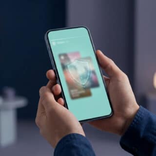 Une personne tient un smartphone affichant un bouclier numérique sur un fond vert, symbolisant la navigation anonyme.