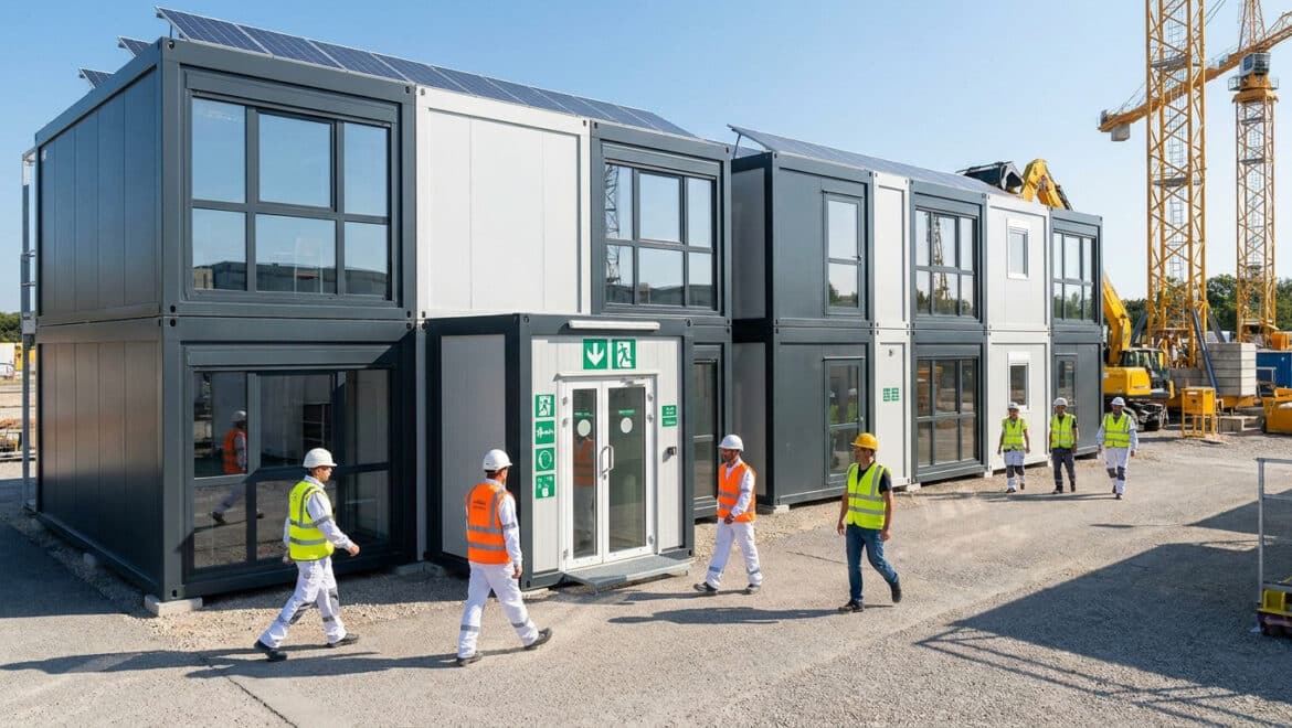 Ouvriers en tenue de sécurité marchant devant une base vie modulaire à deux étages sur un chantier.