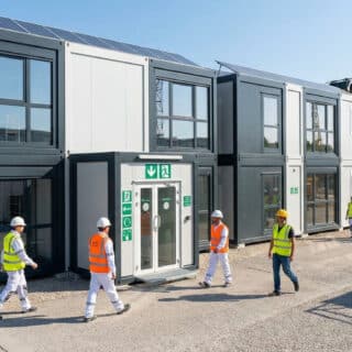 Ouvriers en tenue de sécurité marchant devant une base vie modulaire à deux étages sur un chantier.