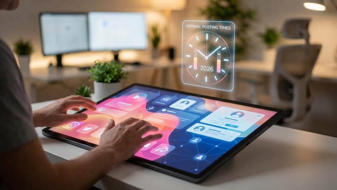 Une personne utilise une tablette tactile avec une interface holographique affichant des statistiques de réseaux sociaux.