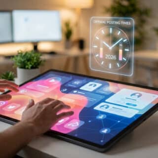 Une personne utilise une tablette tactile avec une interface holographique affichant des statistiques de réseaux sociaux.