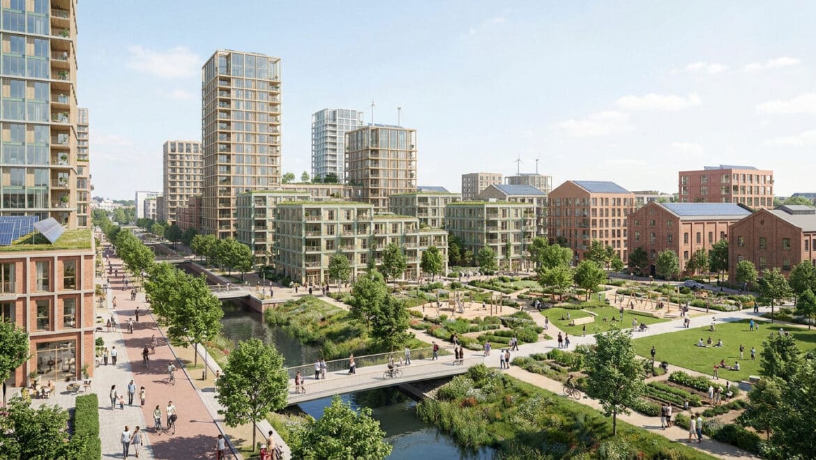 Rendu architectural d'un quartier éco-responsable avec des immeubles modernes, des espaces verts et une rivière.