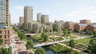 Rendu architectural d'un quartier éco-responsable avec des immeubles modernes, des espaces verts et une rivière.