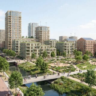 Rendu architectural d'un quartier éco-responsable avec des immeubles modernes, des espaces verts et une rivière.