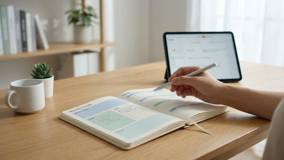 Une personne écrit dans un carnet de planification hebdomadaire sur un bureau en bois avec une tablette.