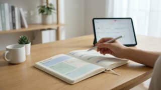 Une personne écrit dans un carnet de planification hebdomadaire sur un bureau en bois avec une tablette.