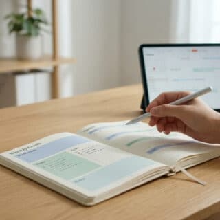 Une personne écrit dans un carnet de planification hebdomadaire sur un bureau en bois avec une tablette.