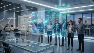 Équipe professionnelle analysant des données complexes sur une interface holographique futuriste en entreprise.