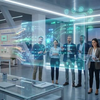 Équipe professionnelle analysant des données complexes sur une interface holographique futuriste en entreprise.