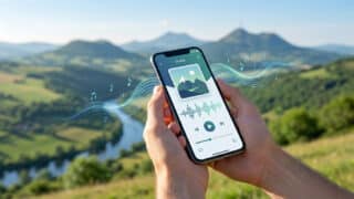 Smartphone affichant une application de radio avec des ondes musicales devant un paysage montagneux d'Auvergne.