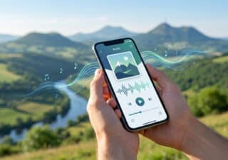 Smartphone affichant une application de radio avec des ondes musicales devant un paysage montagneux d'Auvergne.