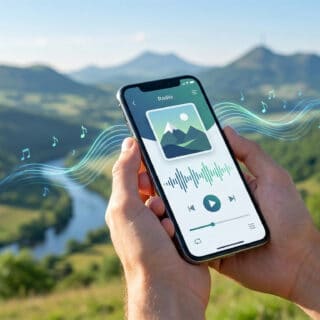 Smartphone affichant une application de radio avec des ondes musicales devant un paysage montagneux d'Auvergne.