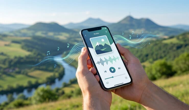Smartphone affichant une application de radio avec des ondes musicales devant un paysage montagneux d'Auvergne.