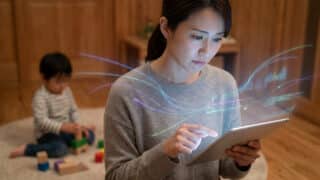 Une femme utilise une tablette avec des données numériques holographiques, un enfant joue en arrière-plan.