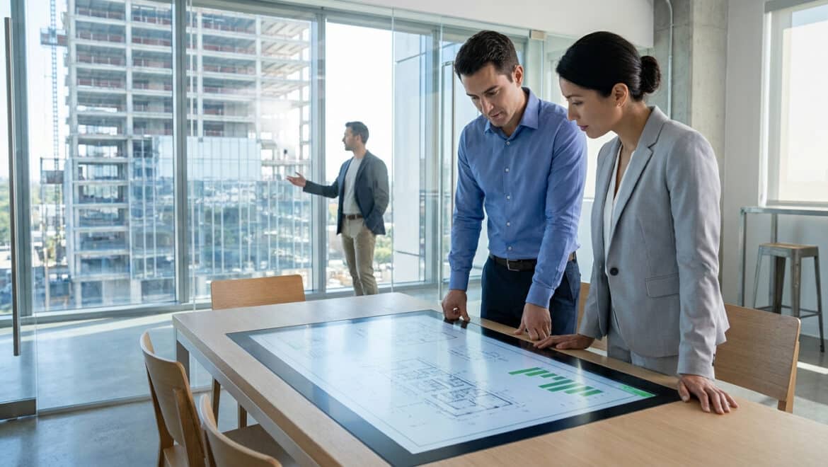 Deux professionnels analysent des plans de construction numériques sur une table tactile dans un bureau avec vue sur chantier.